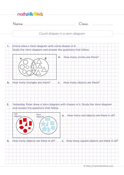 Data and graphing Worksheet Grade 3 Pdf with answers - Counting shapes in a Venn diagram
