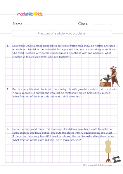 Fraction Worksheet Grade 3 Pdf with answers - Fraction of a whole word problems