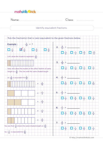 Equivalent Fractions Worksheet Grade 3 with answers - Identifying equivalent fractions