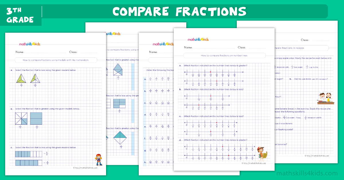 3rd Grade Math worksheets - comparing and ordering fractions worksheets grade 3 with answers