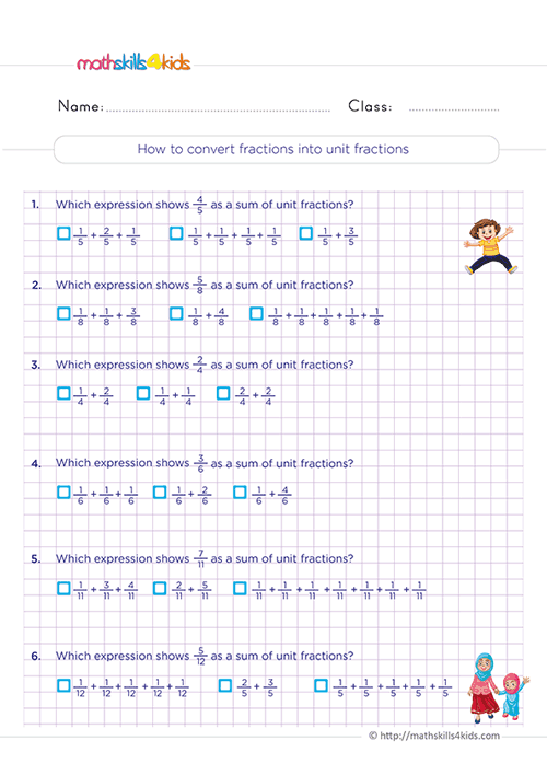 Free printable 3rd Grade fractions worksheets for math practice - How to convert fractions into unit fractions