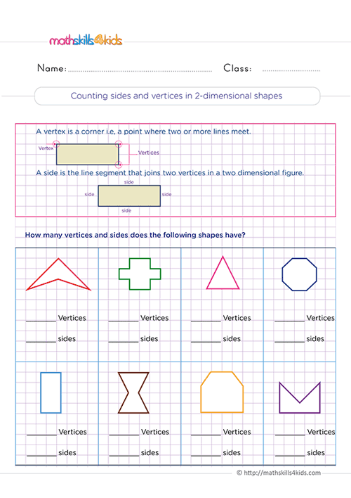 Free printable 3rd Grade 2D shapes worksheets for math practice - Counting sides and vertices in two-dimensional shapes