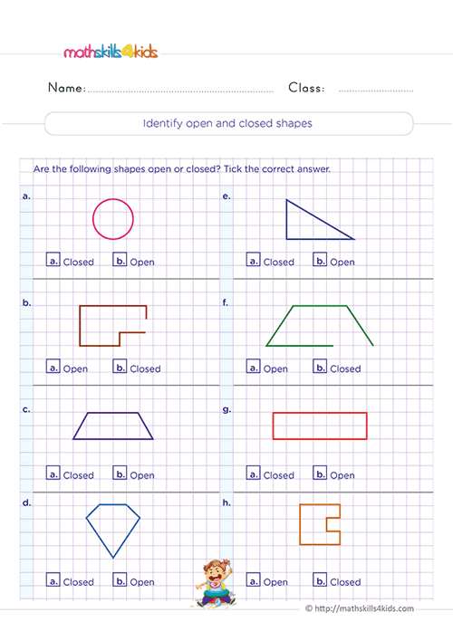 2D Shapes Worksheets for Grade 3 with answers - Identifying open and closed shapes practice