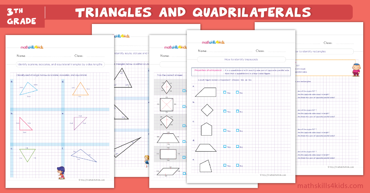 3rd Grade Math worksheets - triangles and quadrilaterals worksheets for grade 3