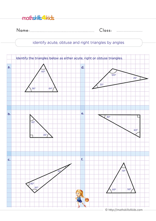 Triangles and quadrilaterals: Grade 3 free printable worksheets - How to identify acute obtuse and right triangle by angles