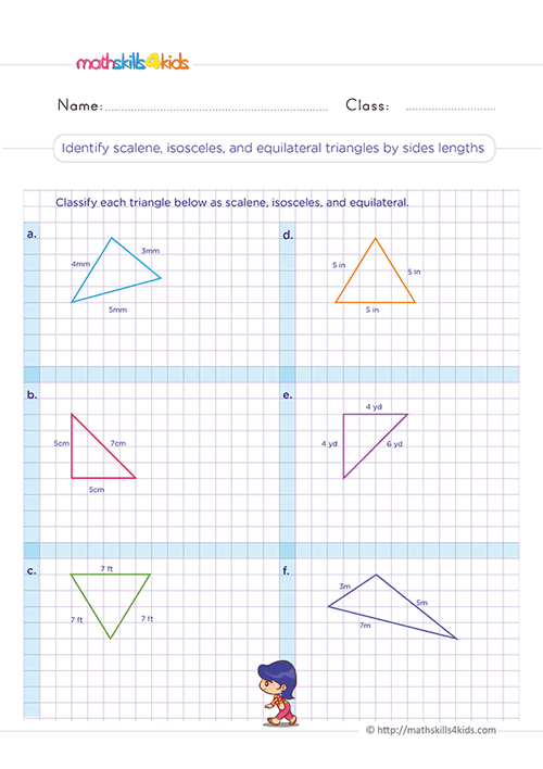 Triangles and quadrilaterals: Grade 3 free printable worksheets - How to identify scalene isosceles and equilateral triangles by sides engths