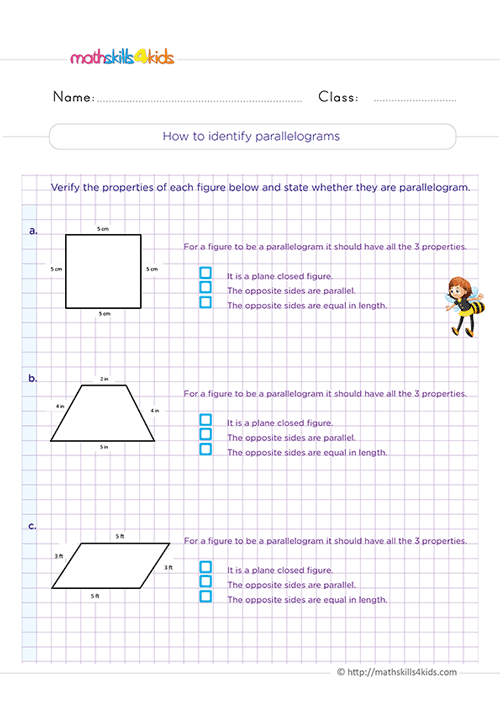 Triangles and quadrilaterals: Grade 3 free printable worksheets - identifying parallelograms