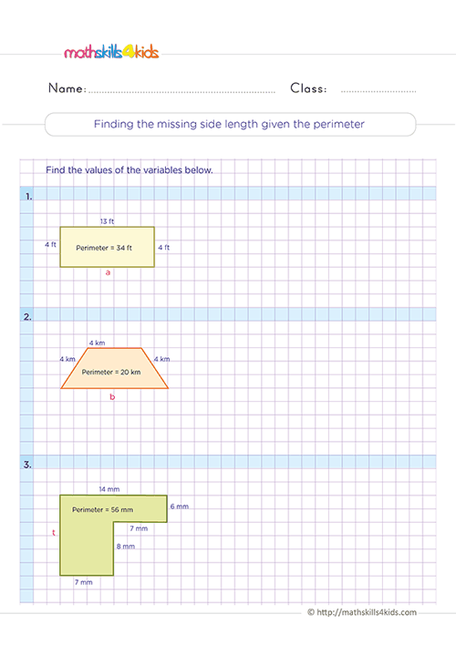 Free printable geometric measurement worksheets for 3rd Grade math practice - How to find the missing side length of a figure
