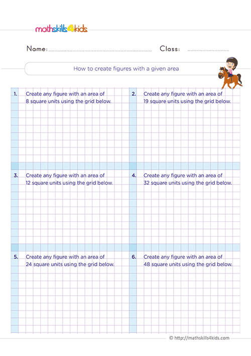 Free printable geometric measurement worksheets for 3rd Grade math practice - creating figures with a given area