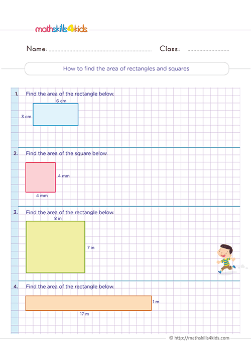 Free printable geometric measurement worksheets for 3rd Grade math practice - finding the area of rectangles and squares