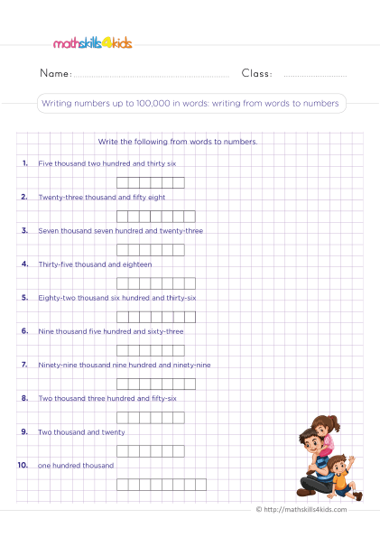 4th Grade number sense worksheets with answers - Convert word to digits numbers up to 10,000