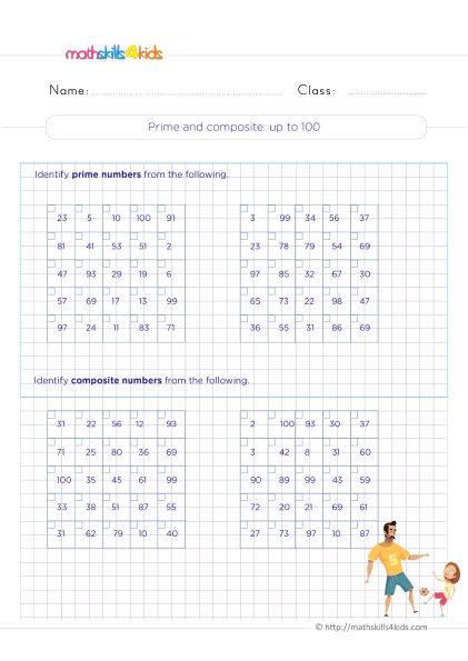 4th Grade number sense worksheets with answers - Identifying prime and composite numbers up to 100 practice