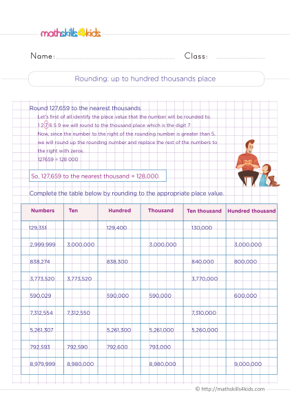 4th Grade number sense worksheets with answers - Rounding up to hundred thousands place practice