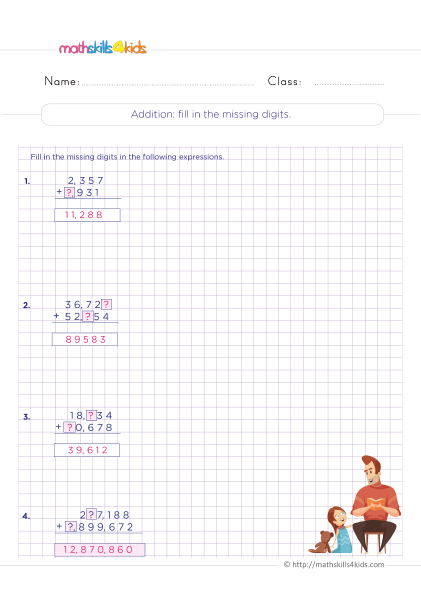Engaging and educational free printable 4th Grade addition worksheets - Practice filling in the missing digits addition expression