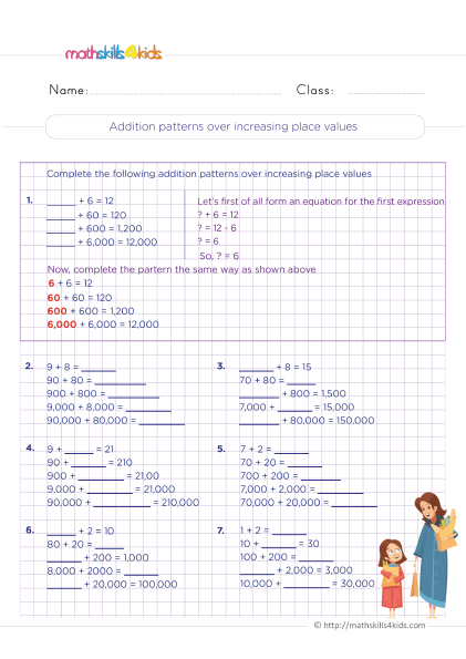 Engaging and educational free printable 4th Grade addition worksheets - Addition patterns over increasing place values practice
