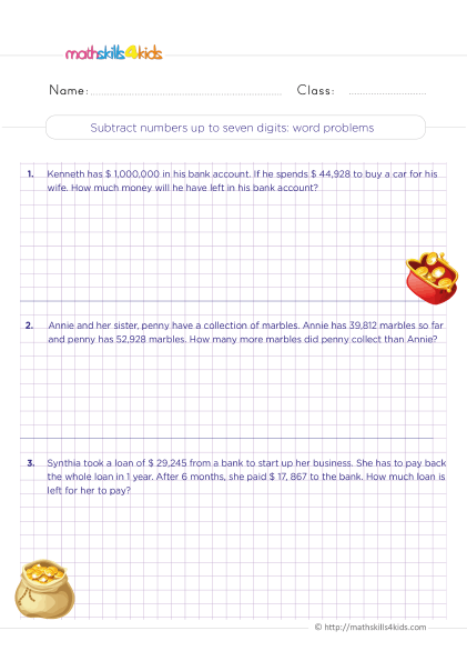 subtraction worksheets Games Word Problems - Subtract numbers up to 7-digit word problems
