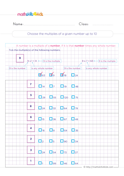 Free printable multiplication worksheets for 4th graders: Practice makes perfect - Choose the multiple of a given number up to 10