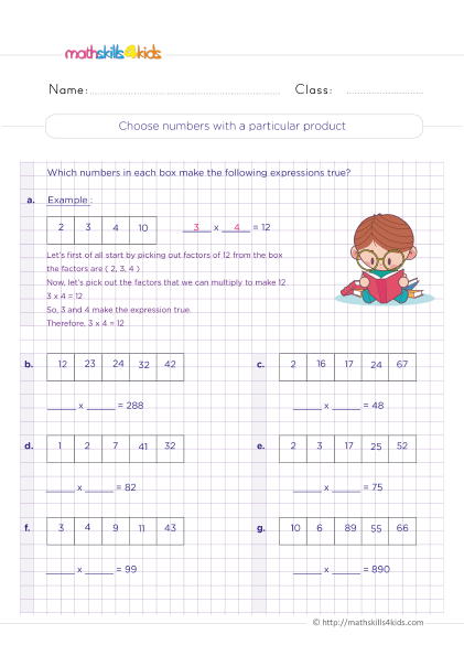 Multiplication Worksheets Grade 4 printable with answers - How to choose a number with a particular product