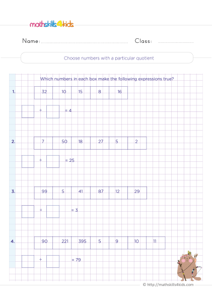 4th Grade Division Worksheets with answers - Choosing numbers with a particular quotient