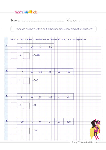 Mixed Operations Worksheets For Grade 4 Pdf with answers - Solving word problems with a particular sum difference prod quotienr practice