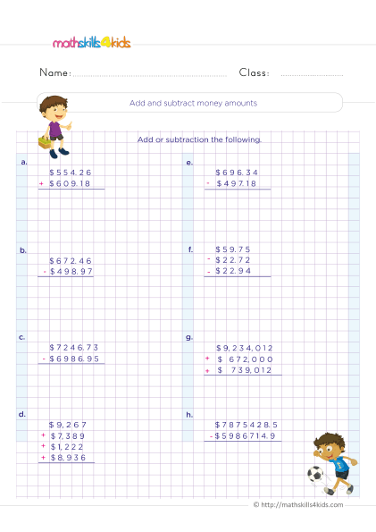 Money math: Free Grade 4 worksheets that make learning fun - Understand how to add & subtract money amount