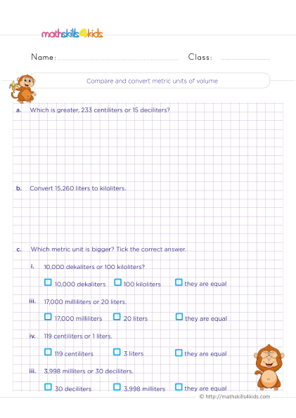 Measurement Worksheets Grade 4 with answers - Compare and convert metric units of volume