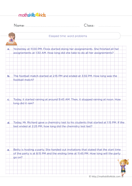 Telling Time Worksheets Grade 4 Pdf with answers - Solving elapse time word problems
