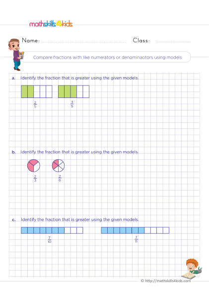 Equivalent Fractions Worksheets 4th Grade Pdf with answers - Compare fractions with like numerators or denominators