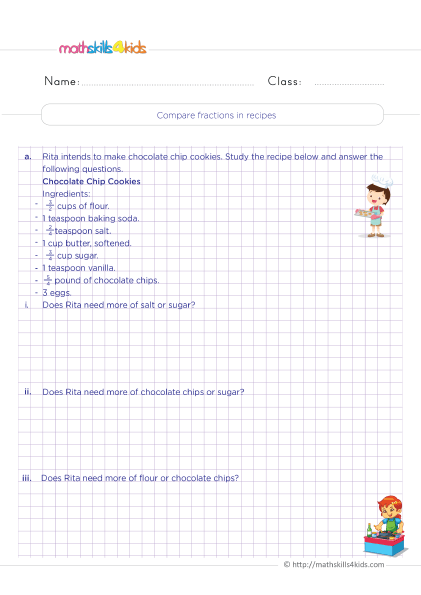 Equivalent Fractions Worksheets 4th Grade Pdf with answers - compare fractions in recipes