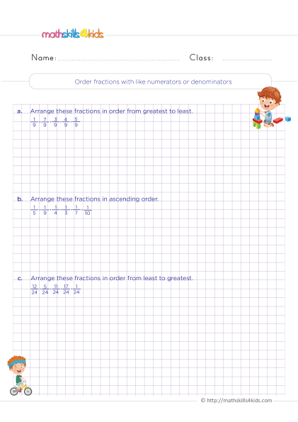 Comparing and ordering fractions worksheets for 4th graders - Order fractions with like numerators or denominators