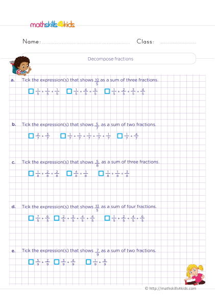 Adding and Subtracting Fractions with Like Denominators Worksheets Pdf Grade 4 with answers - How do you write fraction as a sum of fractions