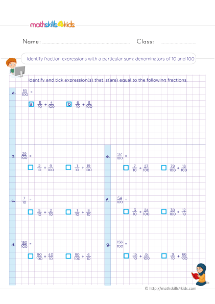 Adding and Subtracting Fractions with Unlike Denominators Worksheets Pdf Grade 4 with answers - Identifying fractions with a particular sum denominators