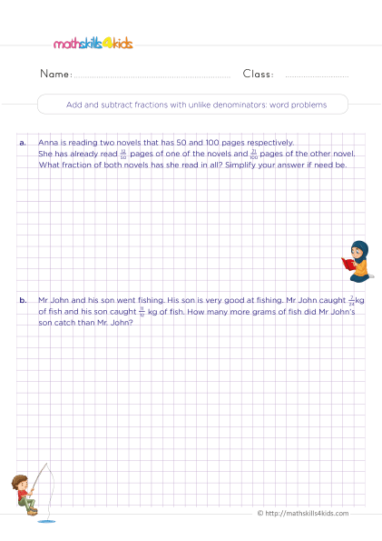 Adding and Subtracting Fractions with Unlike Denominators Worksheets Pdf Grade 4 with answers - Add and subtract fractions unlike denominators word problems