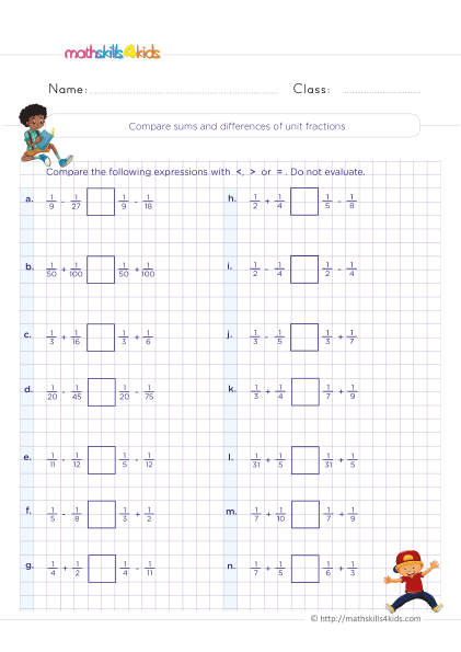 Adding and Subtracting Fractions with Unlike Denominators Worksheets Pdf Grade 4 with answers - Comparing differences and sums of unit fractions