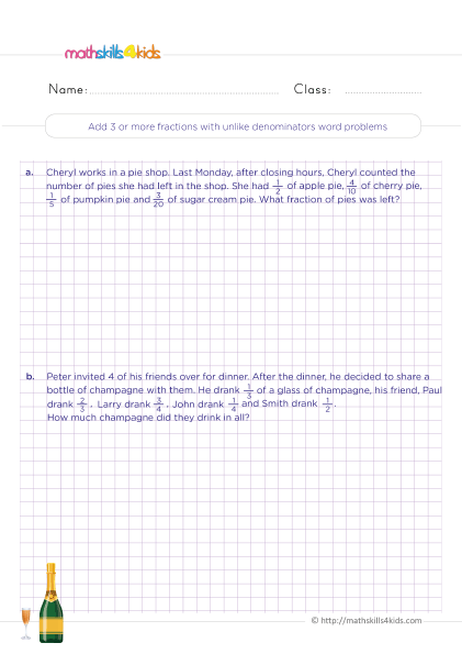 Adding and Subtracting Fractions with Unlike Denominators Worksheets Pdf Grade 4 with answers - Add three or more fractions with unlike denominators word problems