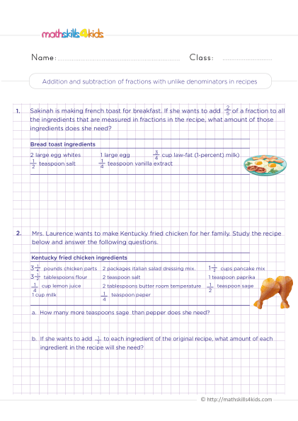 Adding and Subtracting Fractions with Unlike Denominators Worksheets Pdf Grade 4 with answers - Add and subtract fractions with unlike denominators in recipes