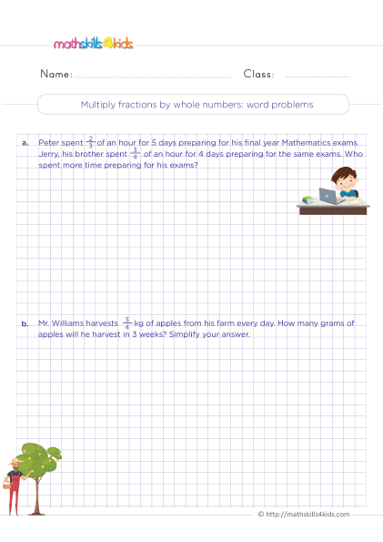Multiplying Fractions by Whole Numbers Worksheets 4th Grade with answers - Multiply fractions by whole numbers word problems