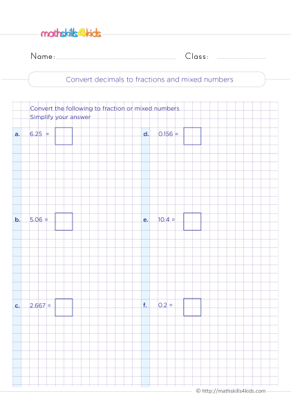 Decimal Worksheets for Grade 4 with Answers with answers - Convert decimals to fractions and mixed numbers