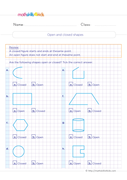 2D Shapes Worksheets for Grade 4 Pdf with answers - Identifying open and closed shapes