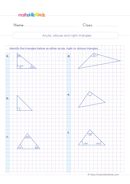 Classifying Triangles Worksheets Grade 4 with answers - Identifying acute, obtuse and right triangles