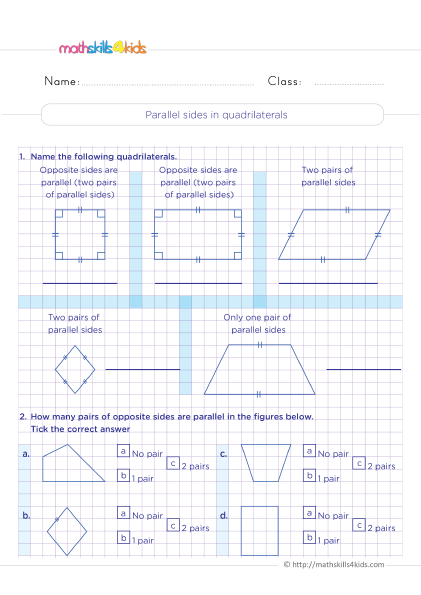 Classifying Triangles Worksheets Grade 4 with answers - Parallel sides in quadrilaterals