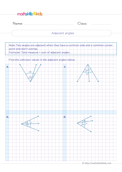 4th Grade math worksheets Pdf: Identifying & Measuring Angles - Adjacent angles