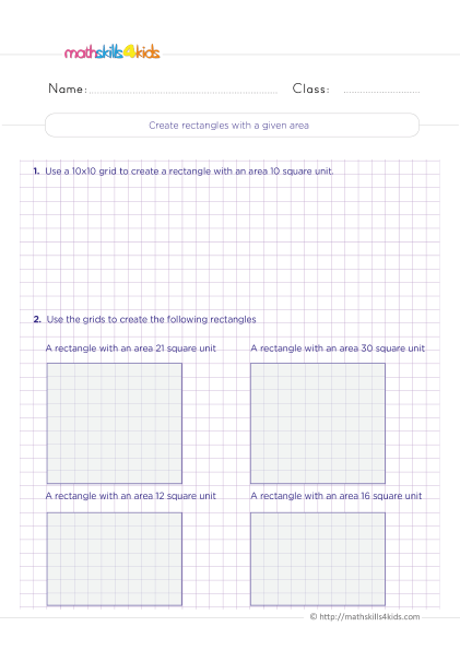 Geometry Worksheets Grade 4 with answers - Creating rectangles with a given area