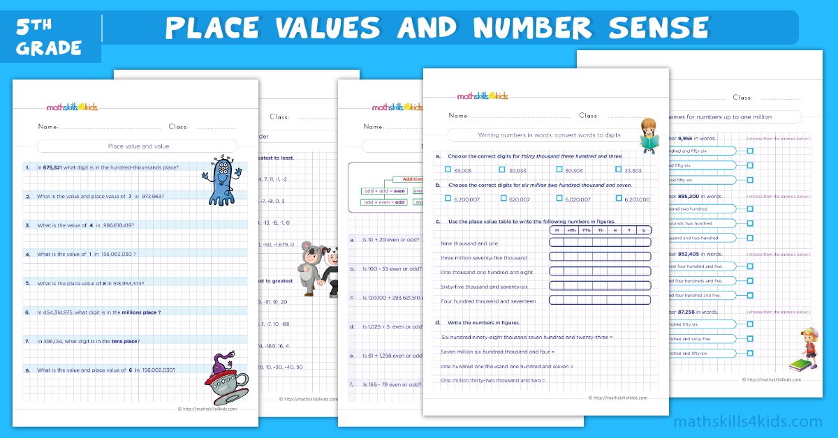 fifth grade math worksheets - place values and number sense worksheets for grade 5
