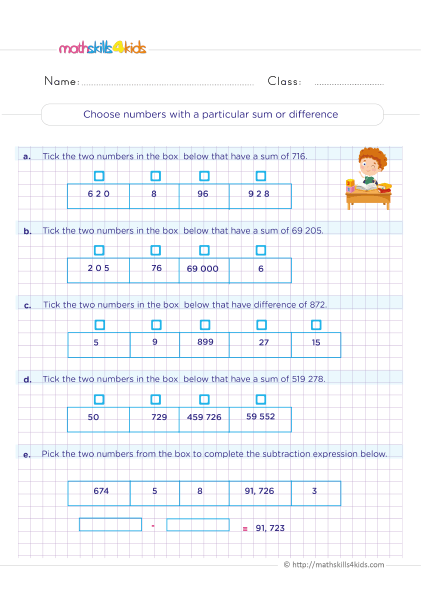5th Grade Math worksheets with answers - Ho do you identify numbers with a particular sum or difference?