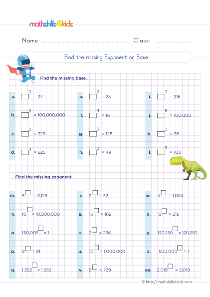 Unlock the magic of exponents: Interactive worksheets for Grade 5 - Finding the missing exponent or base