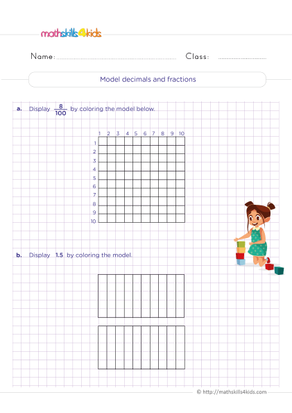 Printable decimal worksheets for Grade 5 with answers - How to use models to relate fractions and decimals
