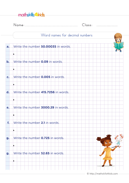 Printable decimal worksheets for Grade 5 with answers - Finding word names for decimal numbers