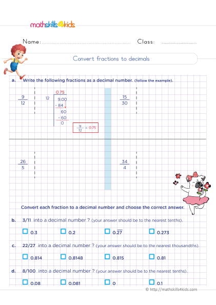 Printable decimal worksheets for Grade 5 with answers - Converting fractions to decimals practice