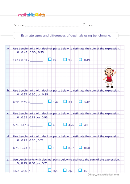 Grade 5 Adding and subtracting decimals worksheets: Free & printable - Estimate sums and differences of decimals using rounding